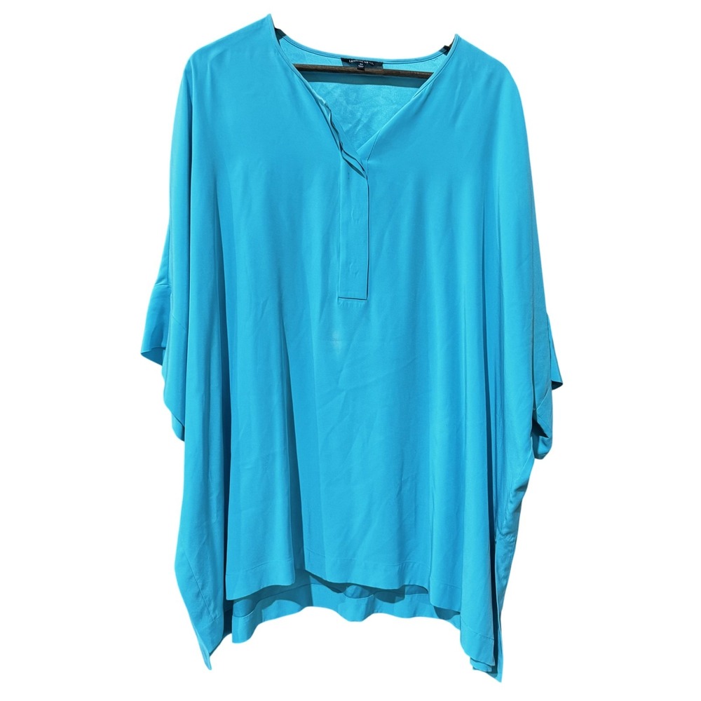 Lafayette 148 Shirt Womens 3X Blue Silk Oversized Tunic Poncho Top Flowing